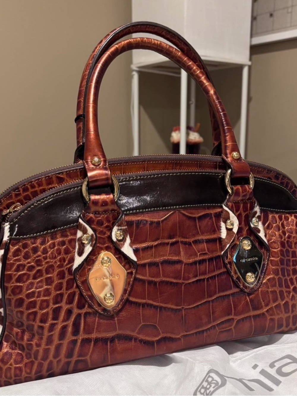 Cromia  Chestnut Croc-Embossed Satchel with Dark Trim and calf hair sides